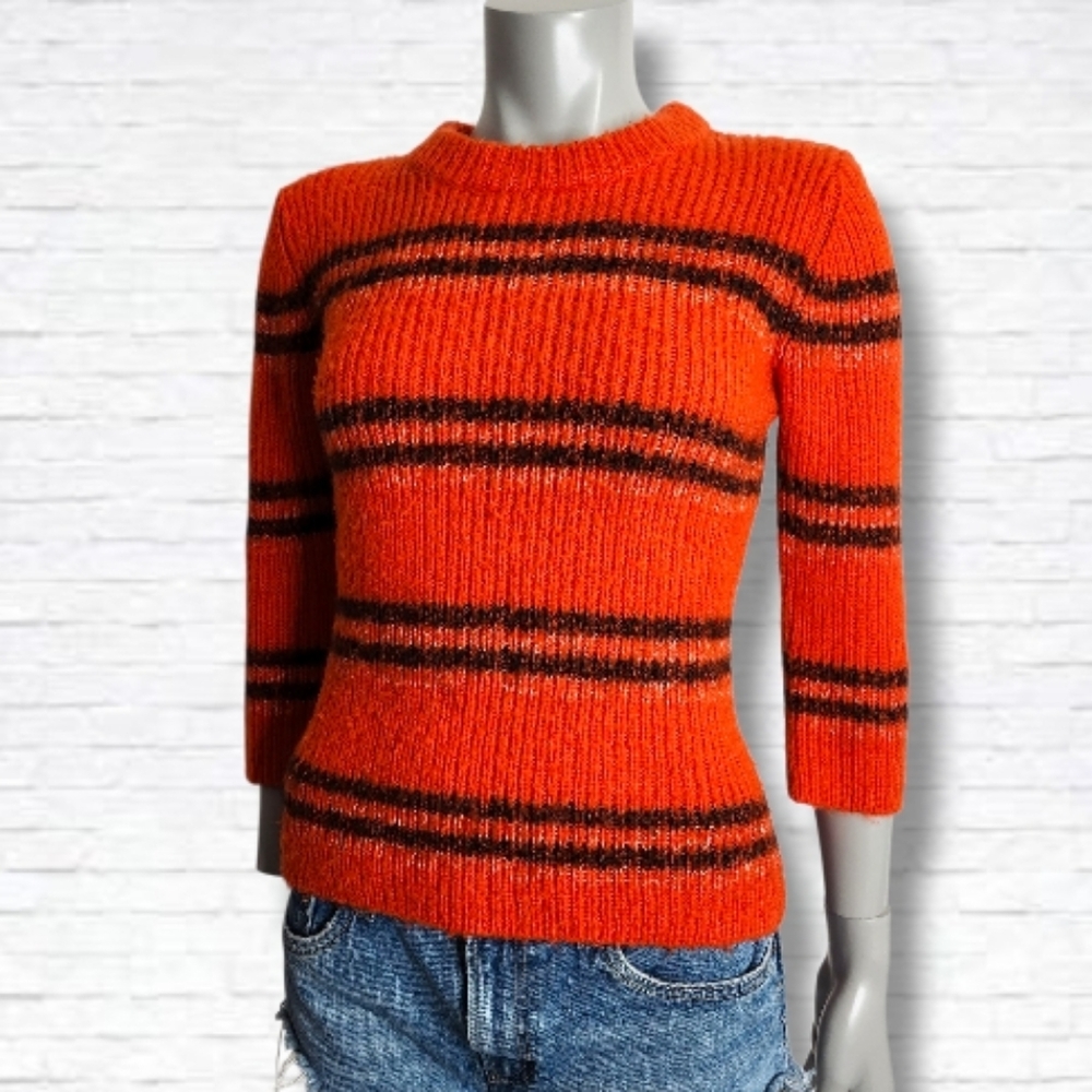 Free People Vintage Orange Black Stripe Crewneck Elbow Length Sweater Size M